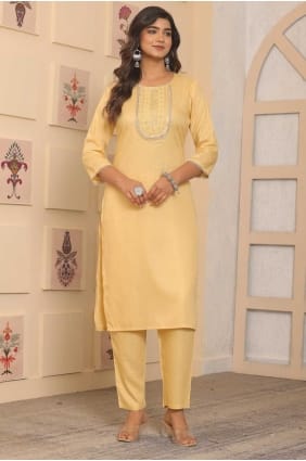 Embroidered Rayon Straight Pant Suit in Yellow with Dupatta SK154864