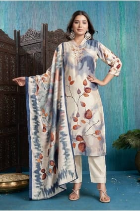 Viscose Straight Pant Suit with Digital print in White SK154866