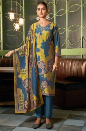 Blue Straight Pant Suit with Digital print Viscose SK154871