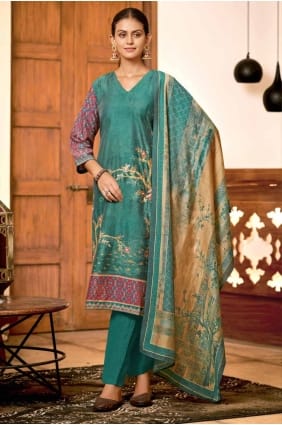 Viscose Straight Pant Suit in Sea green with Digital print SK154873