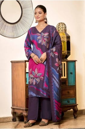 Viscose Digital print Lavender Straight Pant Suit with Dupatta SK154875