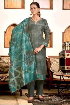 Viscose Green Straight Pant Suit in Digital print SK154876