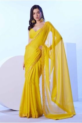 Yellow Lace Saree in Crepe SR27885