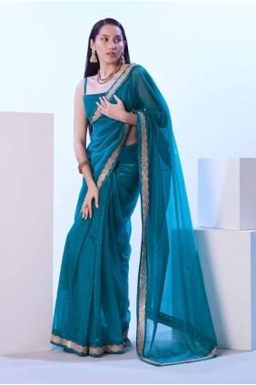 Firozi Net Saree with Lace SR27898