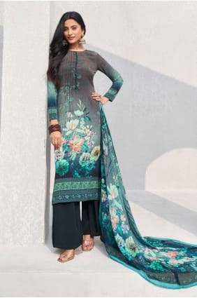 Crepe Straight Pant Suit with Digital print in Grey SK154882