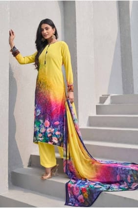 Yellow Crepe Digital print Straight Pant Suit with Dupatta SK154887
