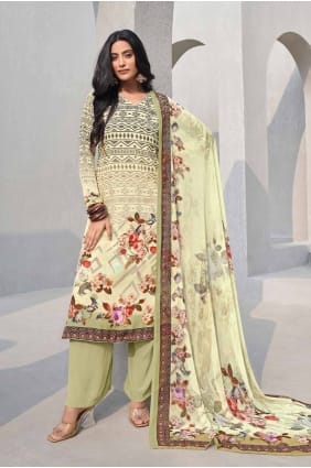 Cream Straight Pant Suit in Crepe with Digital print SK154889