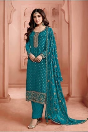 Blue Embroidered Jacquard Straight Pant Suit SK154895
