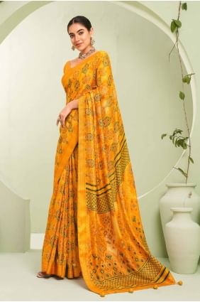 Printed Georgette Banarasi Saree in Yellow with Blouse SR27922