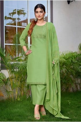 Straight Pant Suit in Light green Cotton with Embroidered SK154901
