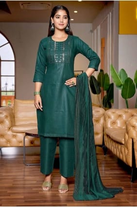 Cotton Straight Pant Suit in Bottle green with Embroidered SK154903
