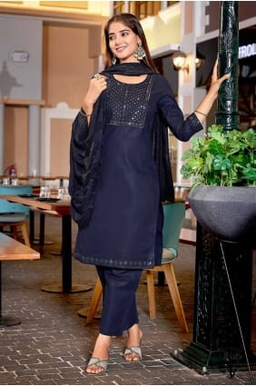Cotton Embroidered Navy blue Straight Pant Suit with Dupatta SK154905
