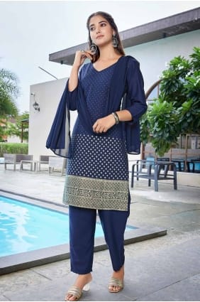 Navy blue Digital print Crepe Straight Pant Suit SK154910