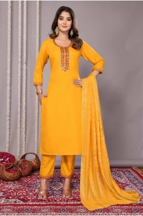 Embroidered Cotton Yellow Straight Pant Suit with Dupatta SK154916