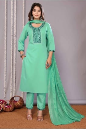 Straight Pant Suit in Sea green Cotton with Embroidered SK154919