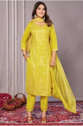 Yellow Cotton Embroidered Straight Pant Suit with Dupatta SK154920