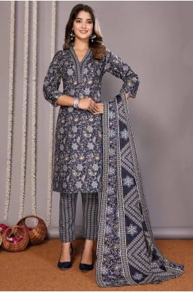 Blue Straight Pant Suit with Embroidered Cotton SK154924