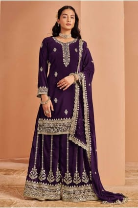 Georgette Purple Palazzo Suit in Embroidered PZ4088