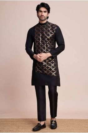 Embroidered Silk Black Men Kurta KURR390