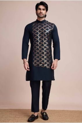 Embroidered Silk Nevy blue Men Kurta KURR391