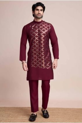 Embroidered Silk Maroon Men Kurta KURR392