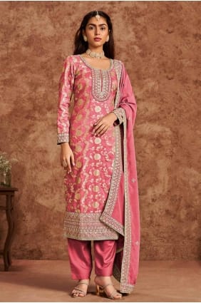 Coral Silk Embroidered Salwar Kameez with Dupatta SK154955