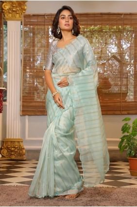 Embroidered Organza Saree in Sea green with Blouse SR27946