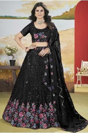 Chinon chiffon Wedding Lehenga Choli with Embroidered in Black LC8191