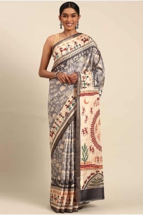 Saree in Grey Cotton with Printed SR27968