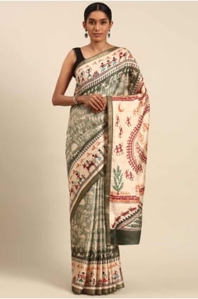 Green Saree with Printed Cotton SR27969