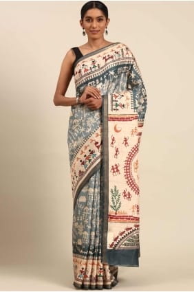 Blue Saree with Printed Cotton SR27970