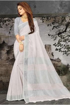 Linen Saree with Weaving in White SR27987