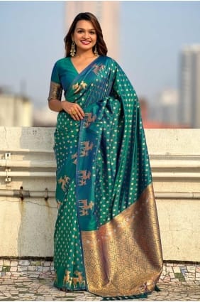 Silk Saree in Rama with Weaving SR27995
