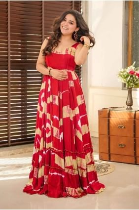 Rayon Digital print Red Gown Dress with Dupatta GW1040