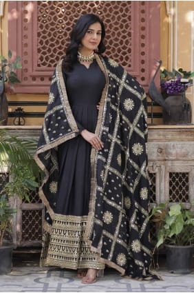 Black Georgette Embroidered Gown Dress with Dupatta GW1045