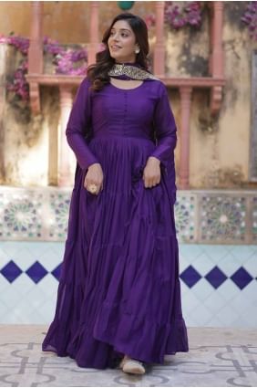 Embroidered Georgette Gown Dress in Purple GW1049