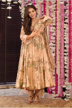 Digital print Eid Anarkali Suit in Peach Muslin AS4021