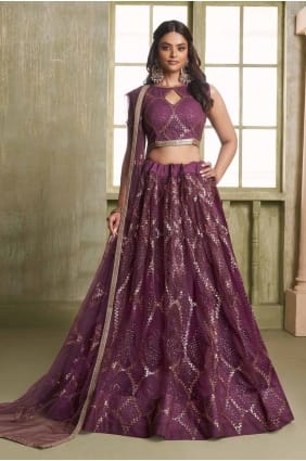Wine Lehenga Choli in Embroidered Net LC8211