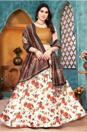 Cream Digital print Satin Lehenga Choli LC8221