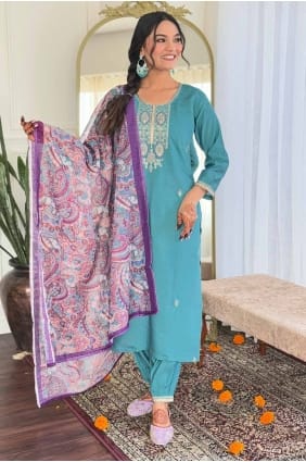 Viscose Straight Pant Suit with Embroidered in Sky blue SK154992