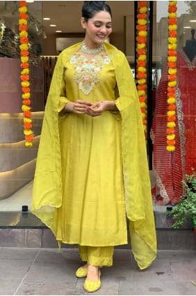 Lemon Straight Pant Suit in Chanderi with Embroidered SK154993