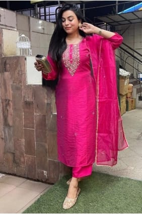 Pink Straight Pant Suit with Embroidered Chanderi SK155002