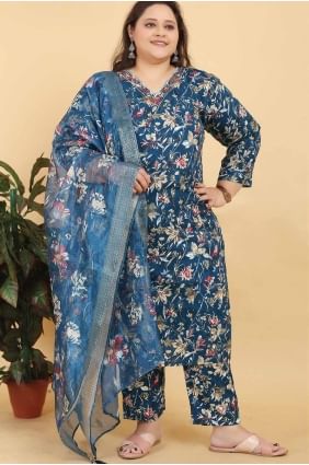Blue Straight Pant Suit with Digital print Viscose SK155006