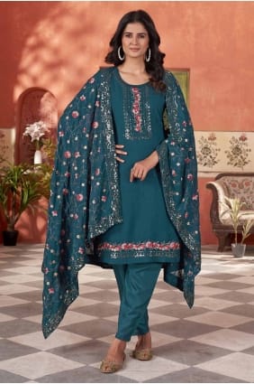 Salwar Kameez in Teal blue Georgette with Embroidered SK155031