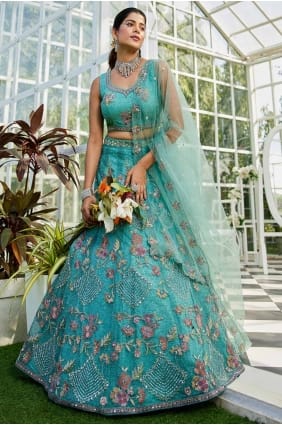 Net Party Lehenga Choli with Embroidered in Sea green LC8253