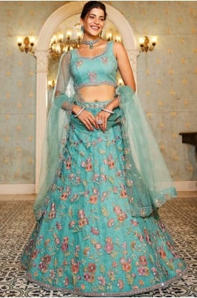 Net Party Lehenga Choli with Embroidered in Sea green LC8260