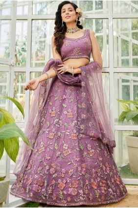 Purple Embroidered Party Lehenga Choli in Net LC8263