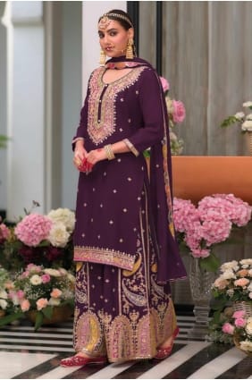 Wine Eid Palazzo Suit in Embroidered Chiffon PZ4117