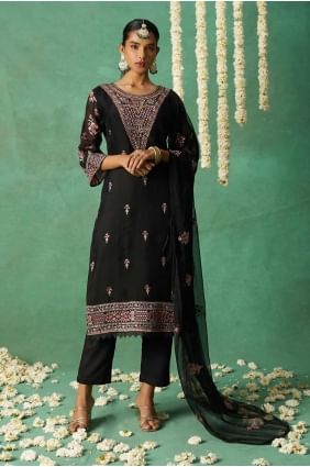 Black Embroidered Eid Salwar Kameez in Organza SK155171