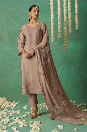 Beige Eid Salwar Kameez in Embroidered Organza SK155173